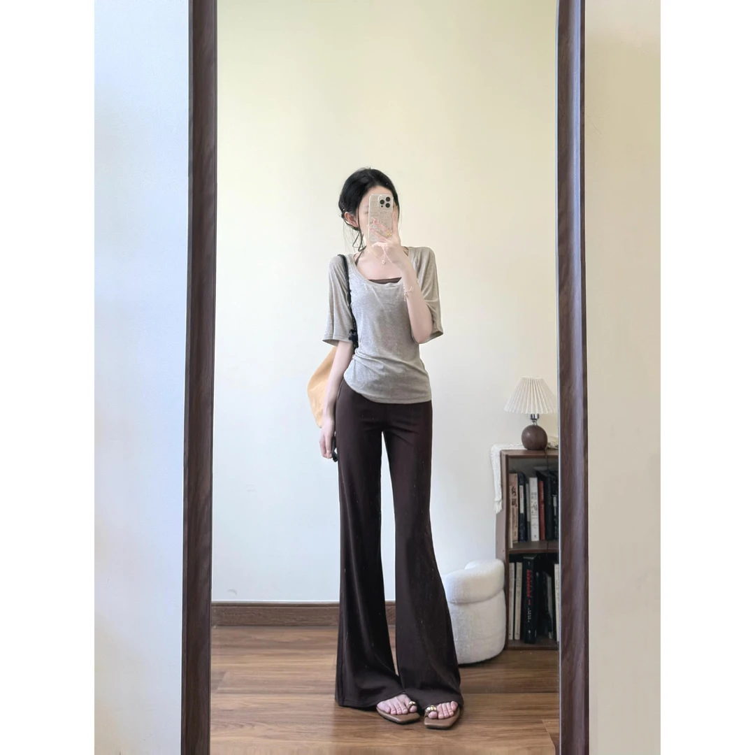 夏季一整套韩版简约慵懒风短袖T恤女巨好看ootd高腰显瘦长裤穿搭