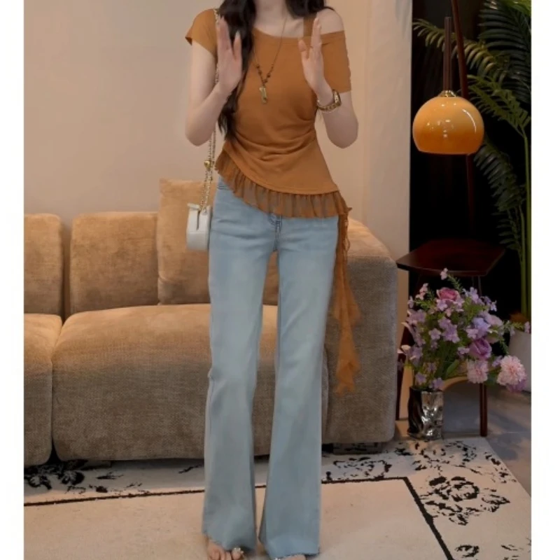 【花颜似玉】法式设计感短袖显瘦T恤+百搭高腰牛仔裤LK2504675