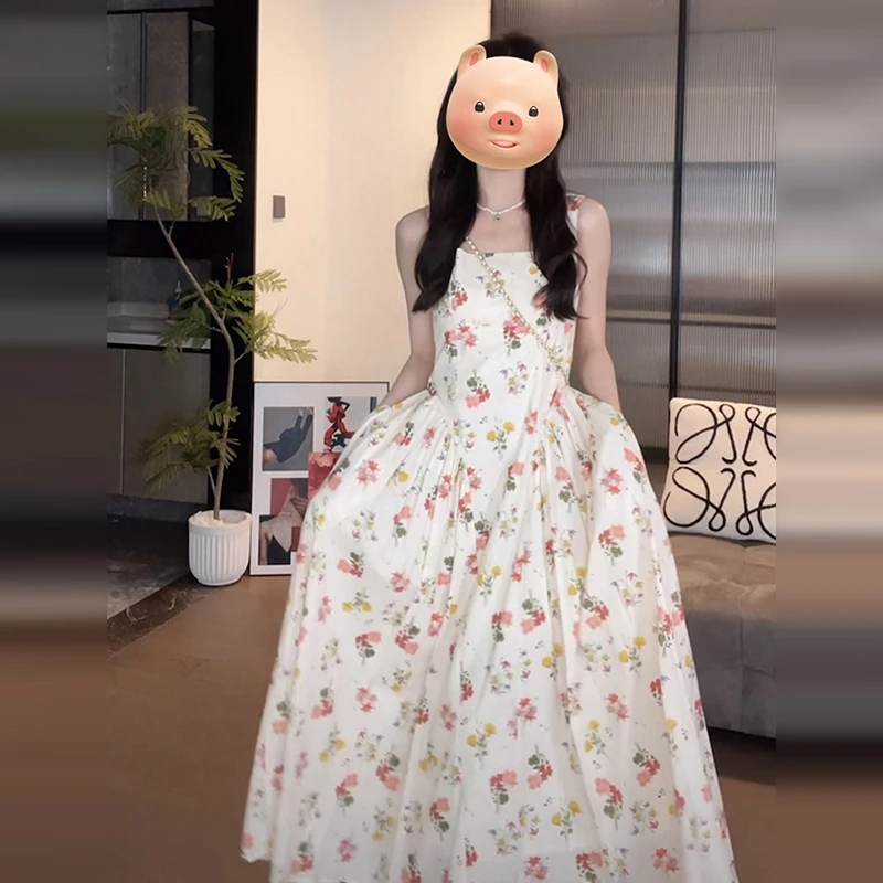 1512碎花收腰显瘦吊带连衣裙女春夏季新款法式复古小众无袖长裙子