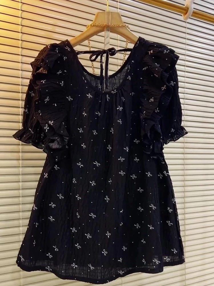 欧货气质百搭高级感黑色短袖木耳边上衣2025夏季新款宽松显瘦穿搭