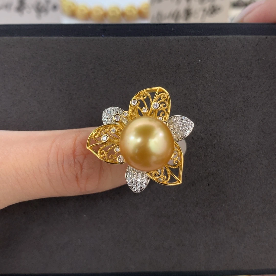 定制海水珍珠戒指/指环银S925镶嵌南洋金珠11-12mm