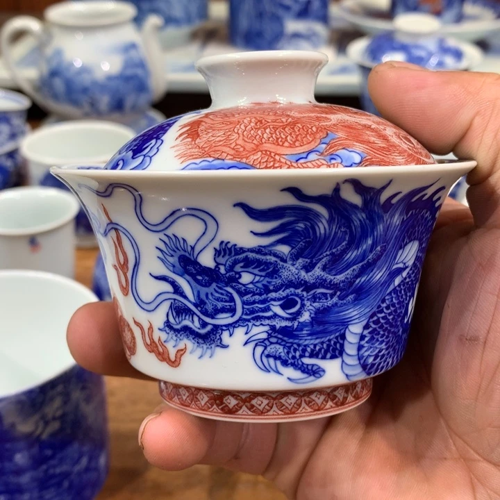 朱*自成堂柴窑青花龙凤盖碗