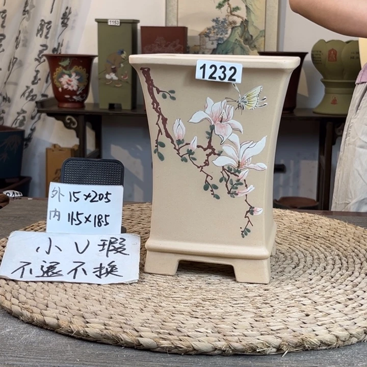 紫砂花盆  微微瑕白玉段彩绘束腰四方1232