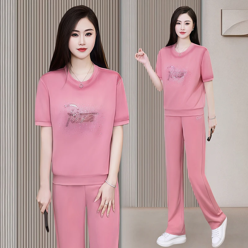 2025高品质专柜休闲套装时尚百搭精致显瘦显高罗马布立体A类亮钻