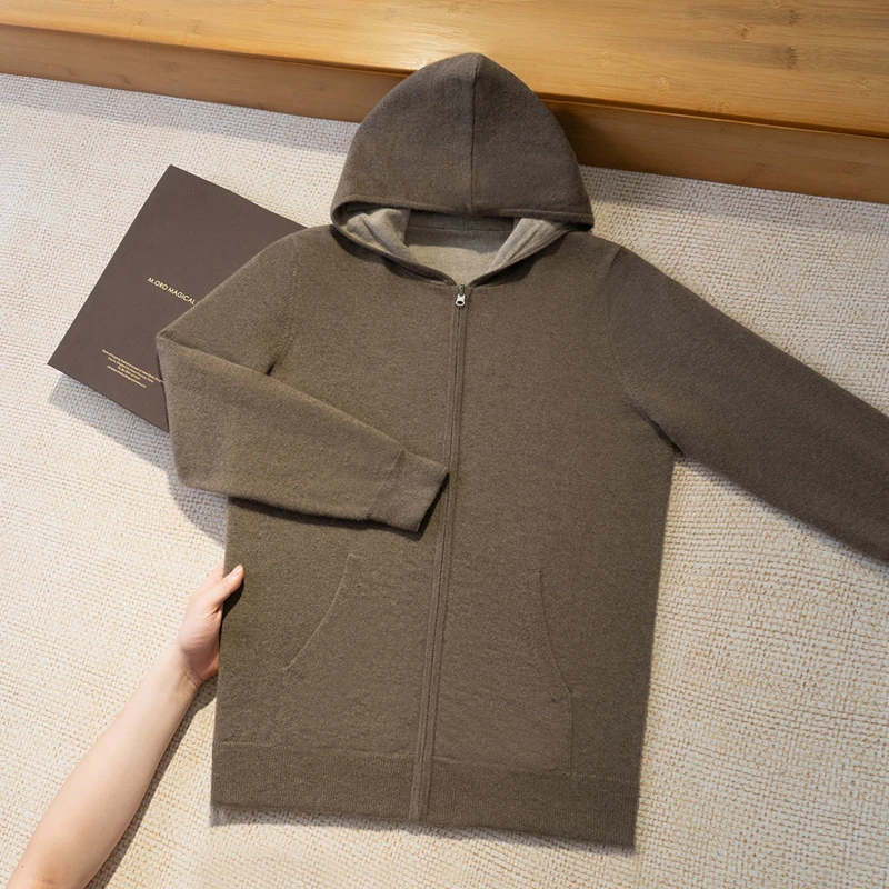 双面穿加厚】100%山羊绒男士800克新款开衫保暖时尚百搭时尚帽衫