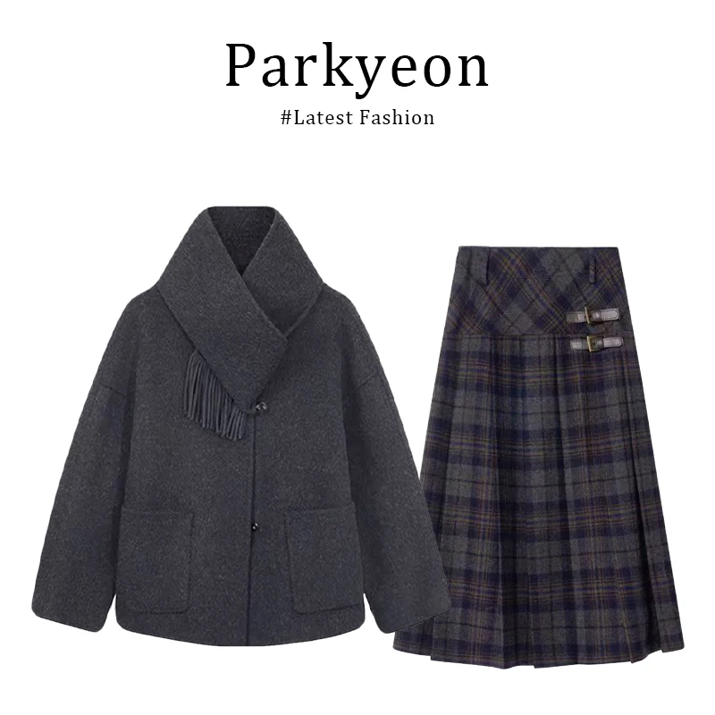 日系文艺减龄学院风灰色围巾毛呢外套百褶半身裙两件套装女秋冬季