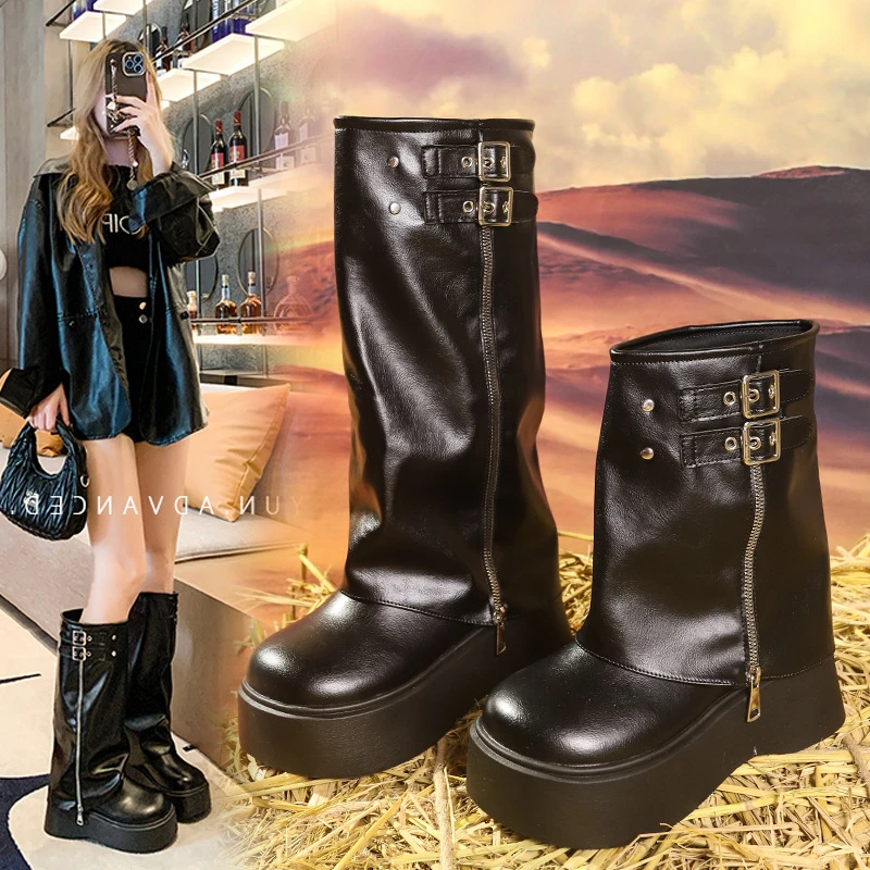 软皮大头裤管靴甜酷风辣妹堆堆靴厚底西部靴不过膝长靴高筒骑士靴