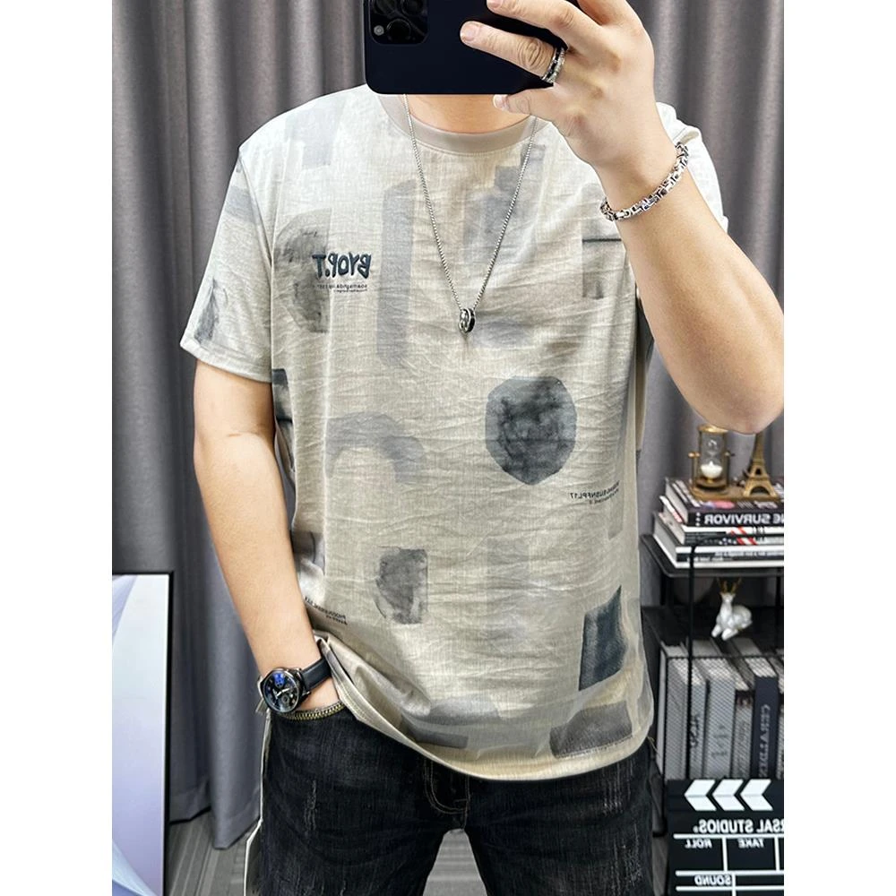 棉麻短袖t恤男2025夏季新款字母刺绣上衣休闲男士薄款透气体恤衫