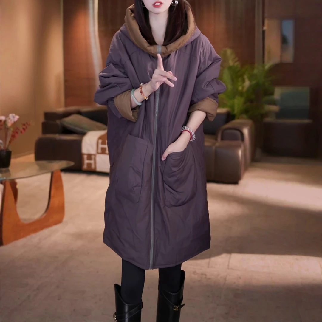 时尚加厚保暖双面穿棉衣女2025秋冬新款洋气宽松显瘦连帽棉服外套