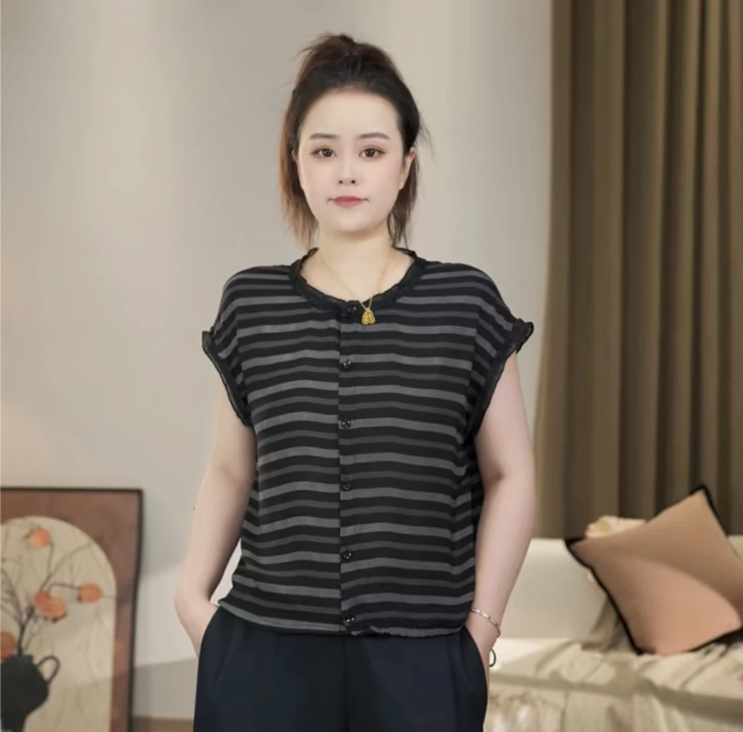 爆款夏季新款荷叶边薄款冰爽条纹显瘦时尚百搭圆领透气短袖小衫