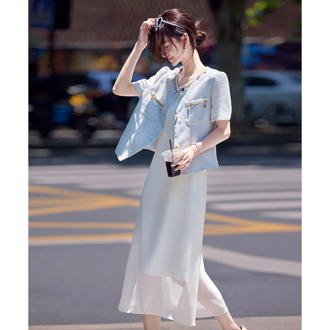 尚静优雅气质套装裙女2025夏季新款时尚短外套+高腰连衣裙小白裙