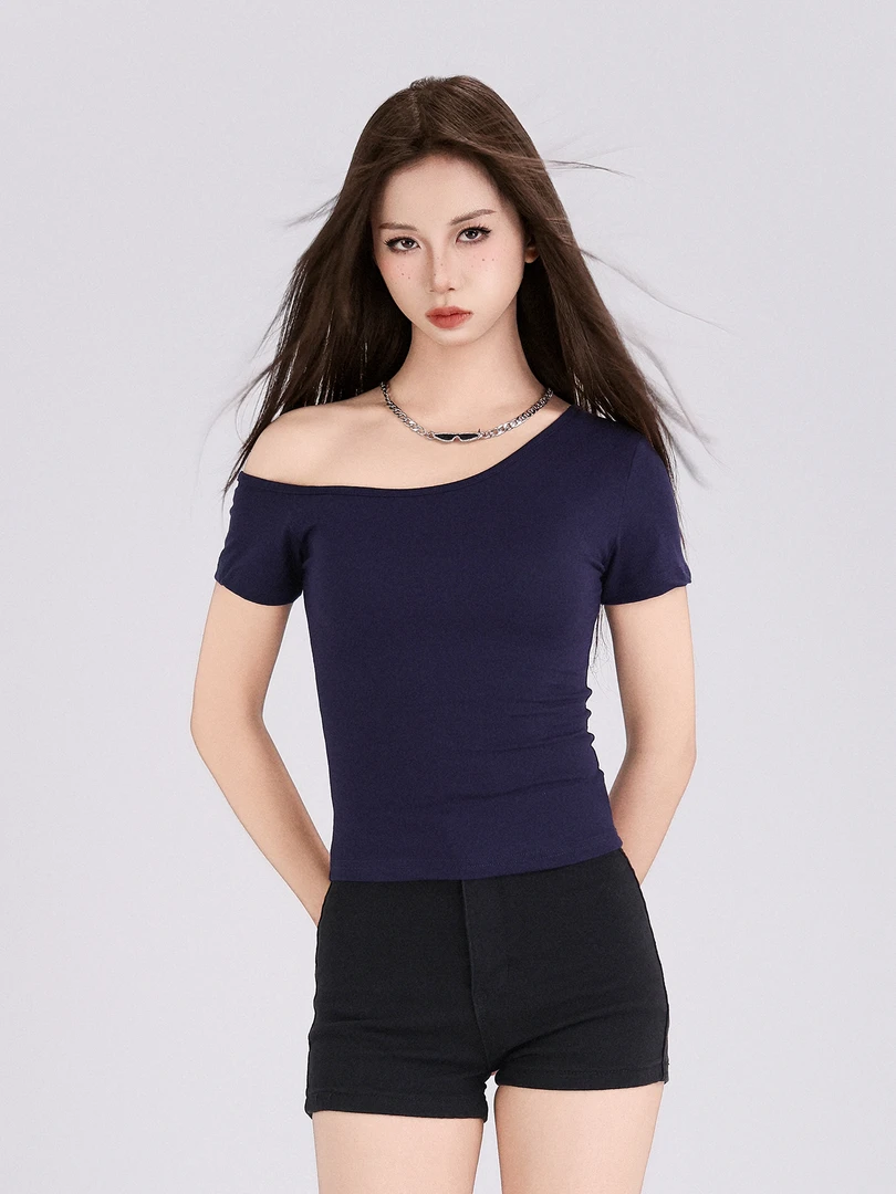 短款露肩高腰藏青色斜肩一字领短袖上衣夏季新款修身显瘦t恤