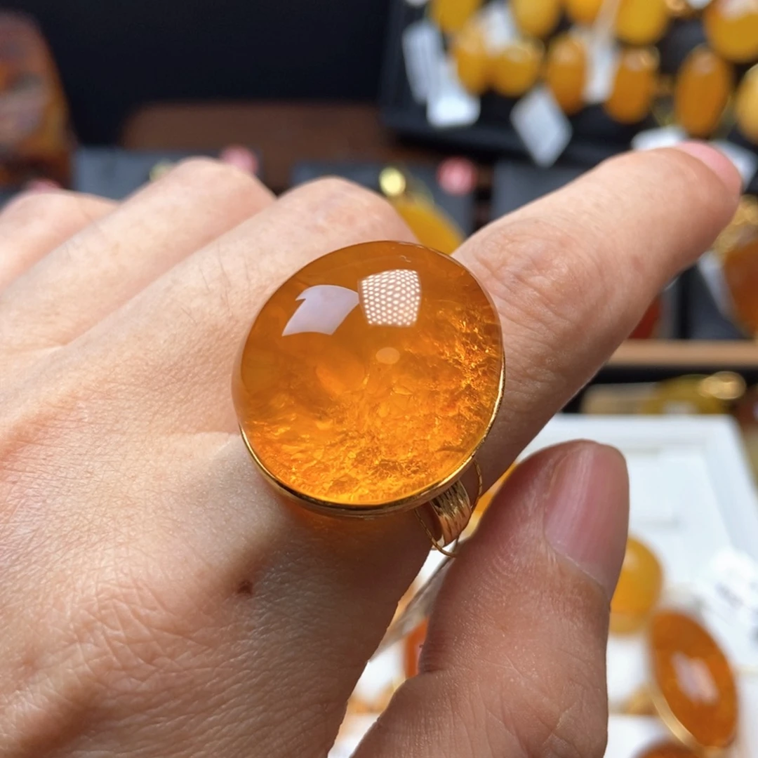 琥珀银S925镀金镶嵌戒指