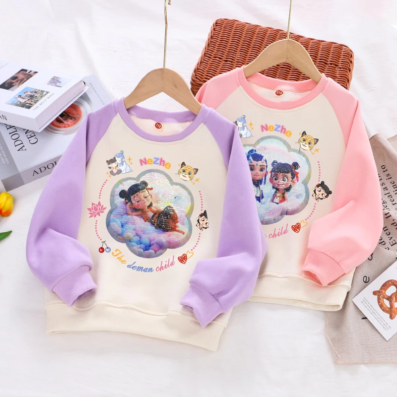 儿童哪吒衣服女童变色卫衣春秋新款打底卡通加绒圆领上衣亮片童装