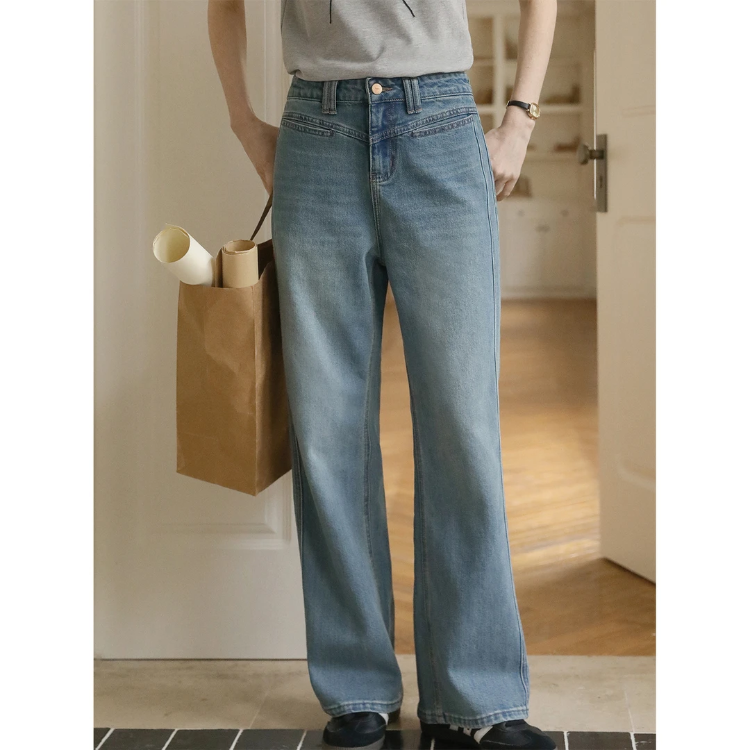 MELLIIY 复古牛仔蓝直筒高腰百搭休闲长裤218250085