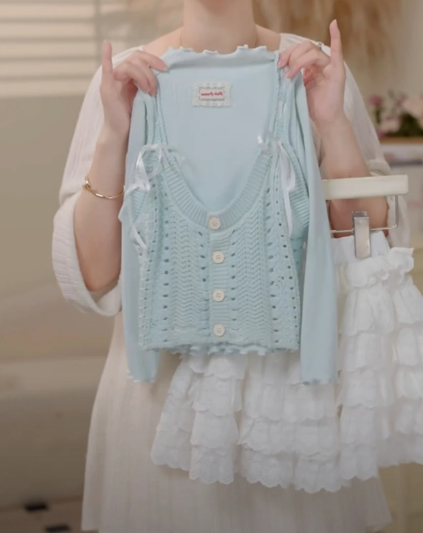 2025春季韩版女童花边针织吊带蕾丝蛋糕半身裙套装时尚250311A