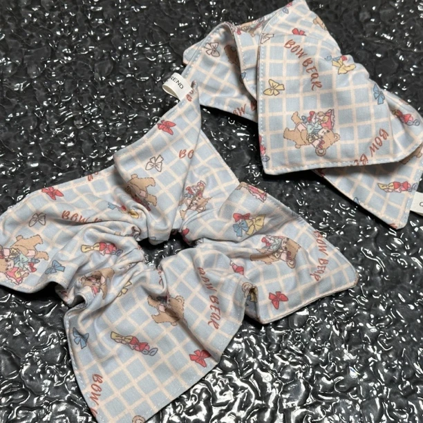 忙碌小熊方巾发饰蓝白格纹少女气质甜美清新卡通ins