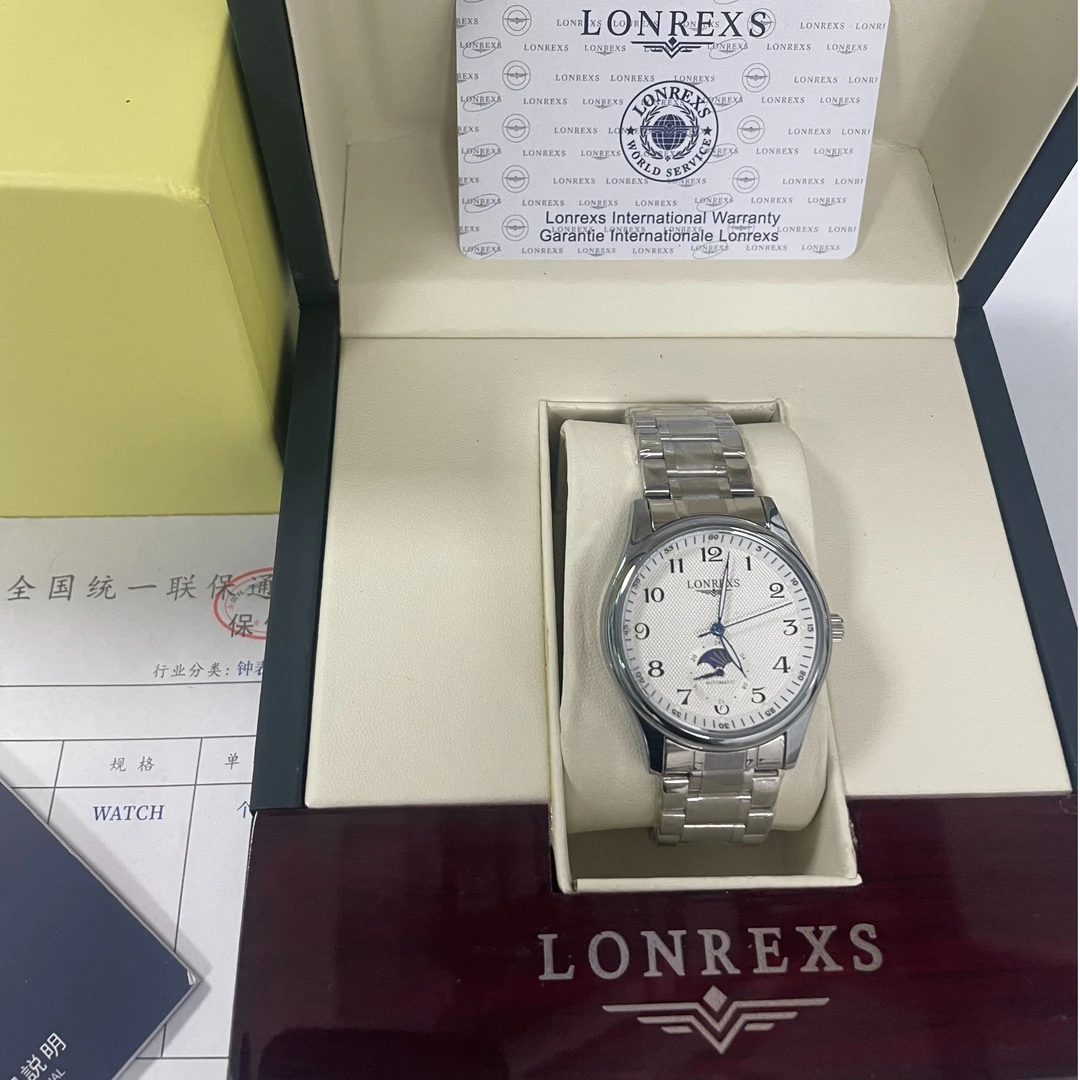 LONREXS/夜光针月相钢带/表径41mm男士经典全自动腕表