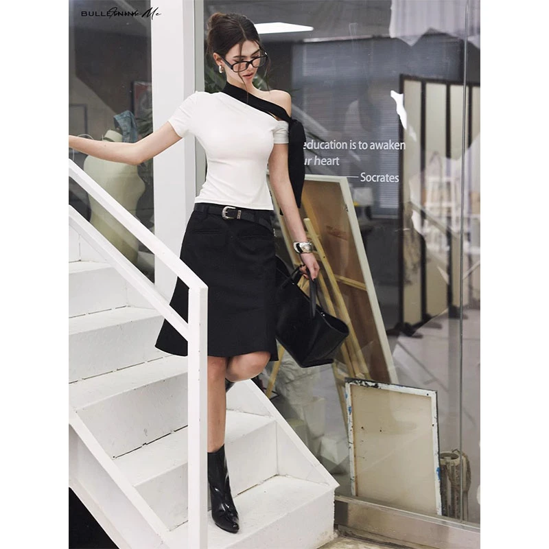 露斜肩修身纯欲办公室海妖风绑带飘带紧身短袖T恤高腰包臀半身裙