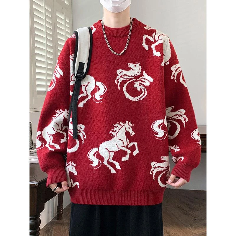马年本命年红色毛衣男提花加厚保暖针织衫2026新款潮流情侣毛线衣