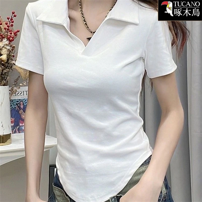 啄木鸟夏季短袖女士减龄休闲百搭t恤2025年新款不规则POLO领上衣