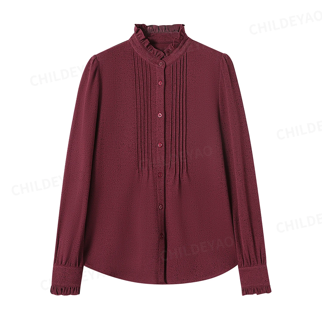 Childe Yao【花语】叠穿法式浪漫羊毛混纺木耳领浮雕提花衬衫S41168