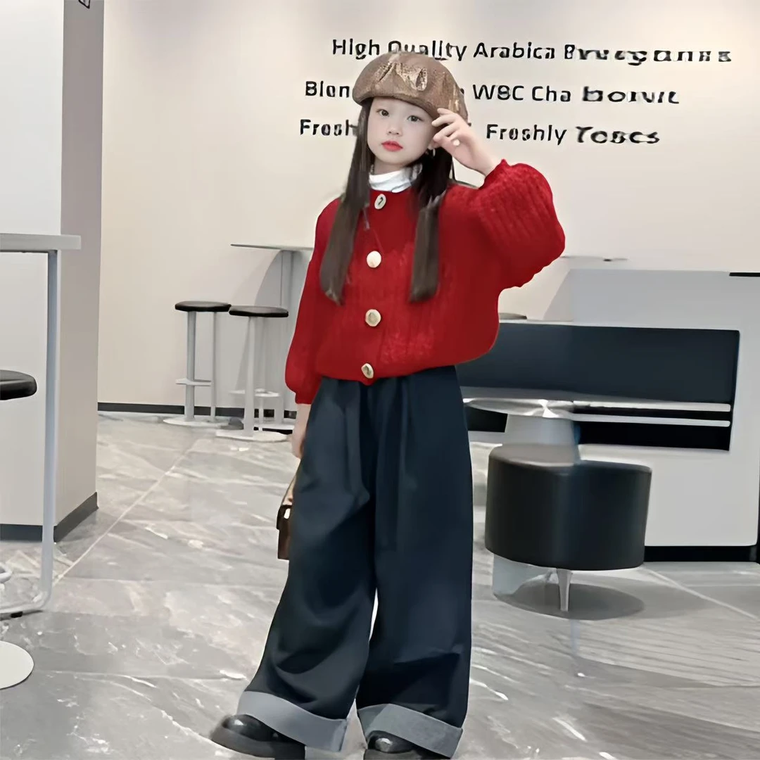 女大童春季套装2025新款女童春秋款洋气时髦红色毛衣儿童春装外套