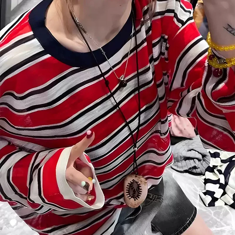 红色条纹薄款长袖t恤女秋季新款美式宽松时尚休闲百搭设计感上衣