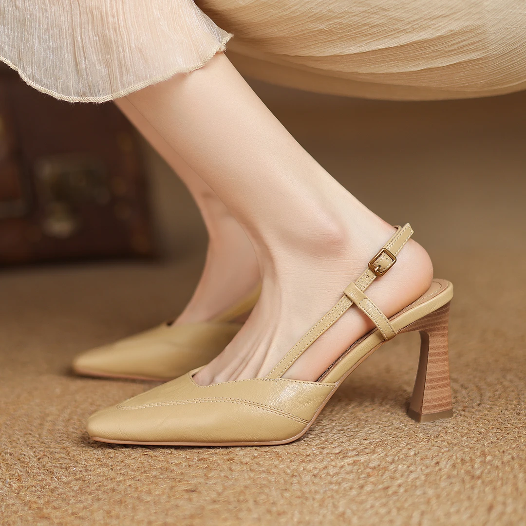 【跟高4.5cm和7cm】夏季新款真皮高跟鞋粗跟方头凉鞋女包头百搭女鞋