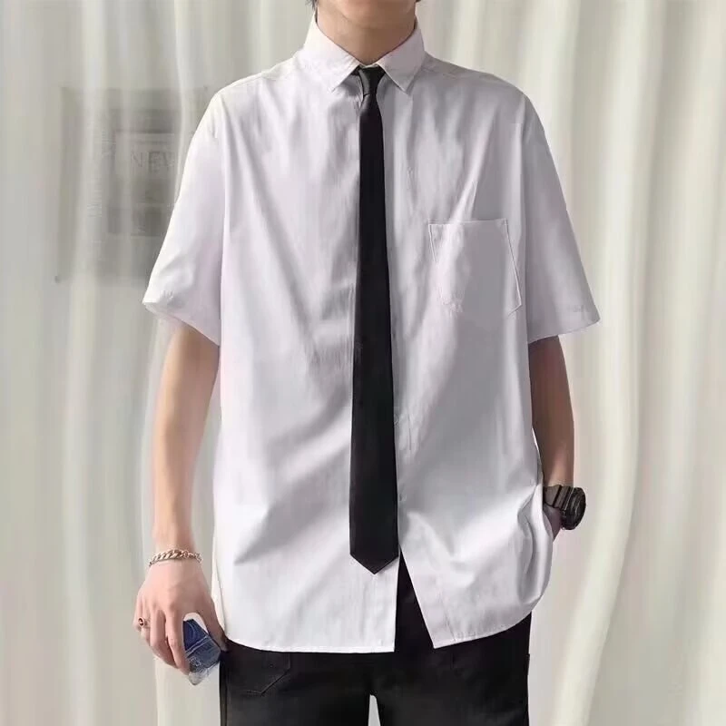 夏季纯色短袖衬衫男女潮流宽松ins港风情侣休闲垂感翻领口袋衬衣