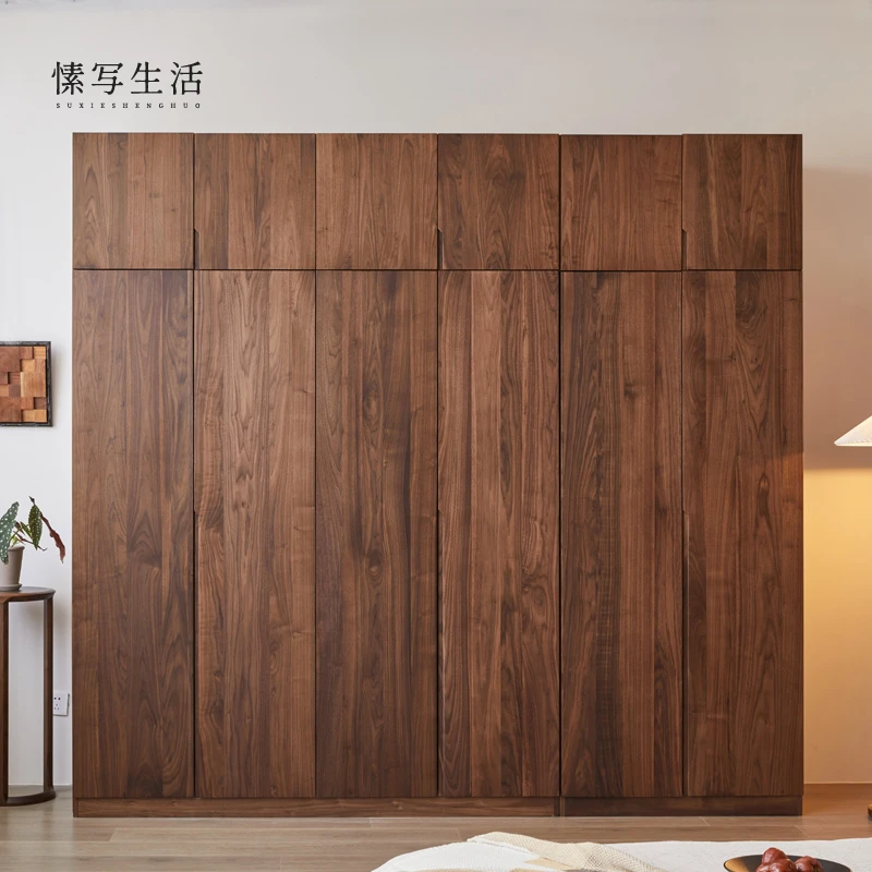 黑胡桃木衣柜衣帽间全实木四门衣橱家用卧室对开门收纳储物柜