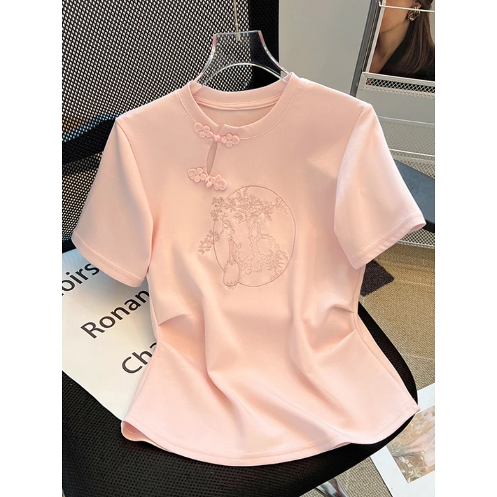 版型真的很赞~新中式盘扣圆领短袖T恤女夏装新款国风刺绣短款上衣