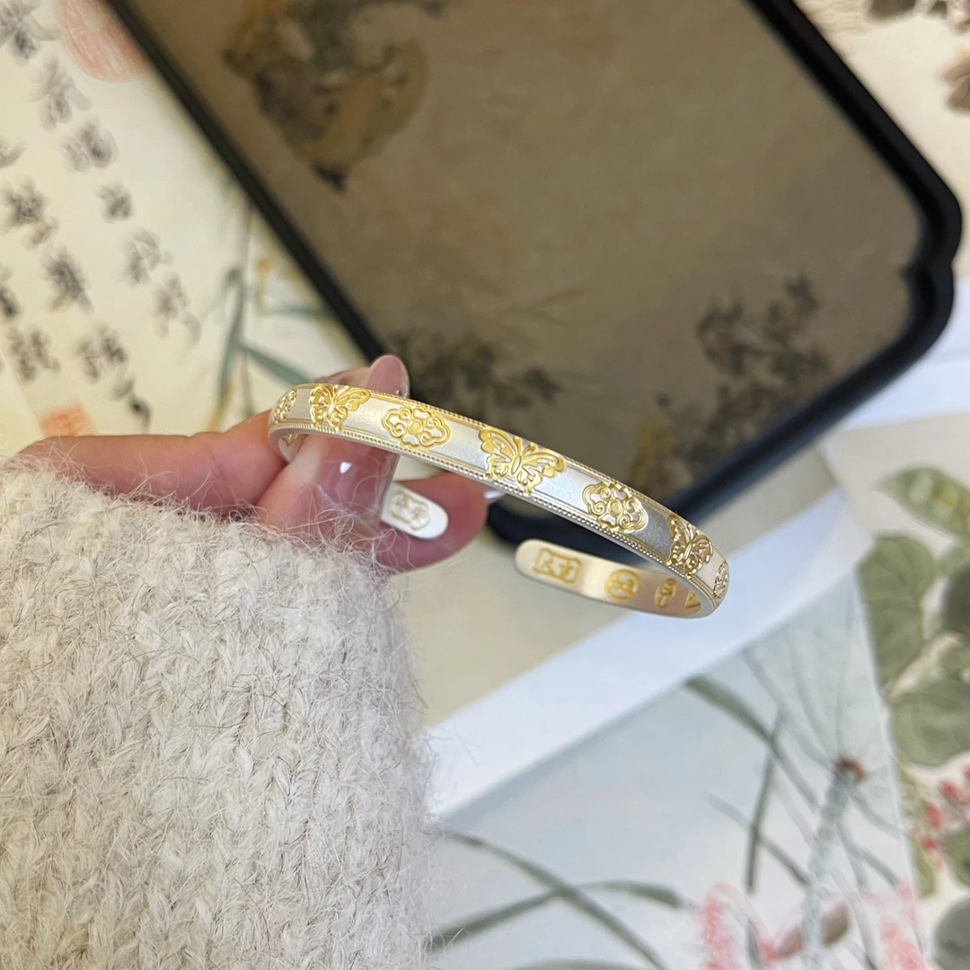 足银手镯 【喜乐福蝶】描金开口珐琅彩开口足银999.9百搭镯子