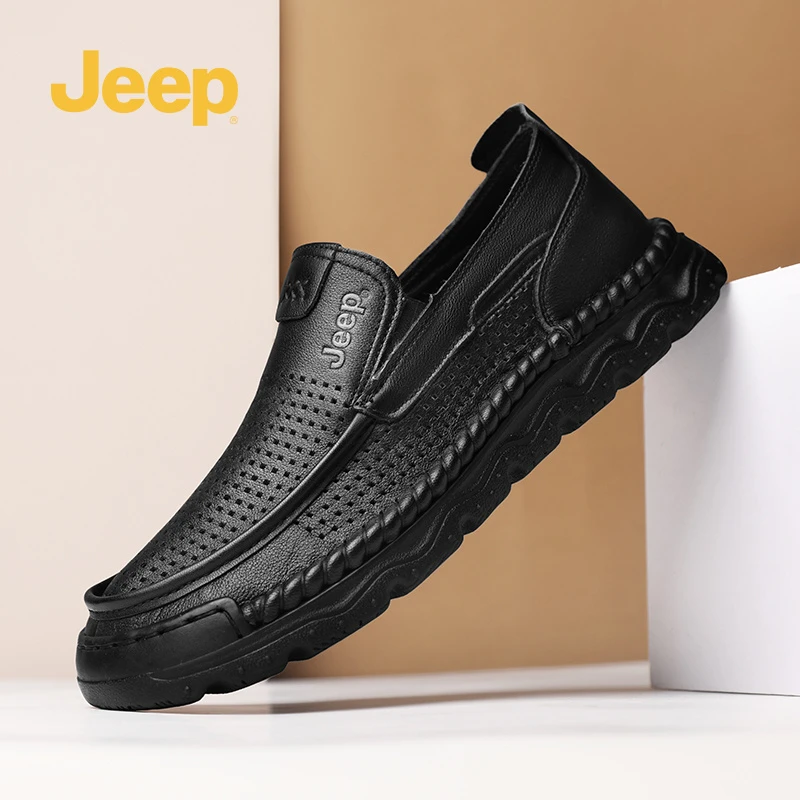 Jeep吉普男鞋2025新款真皮商务皮鞋网眼透气舒适软底一脚蹬休闲鞋