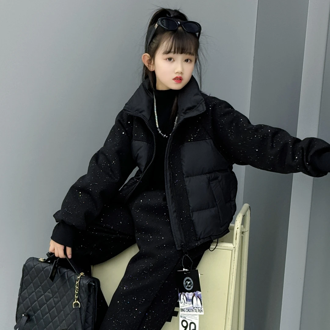 中大童2025冬季新款套装满天星短款毛呢拼接棉服休闲直筒裤两件套