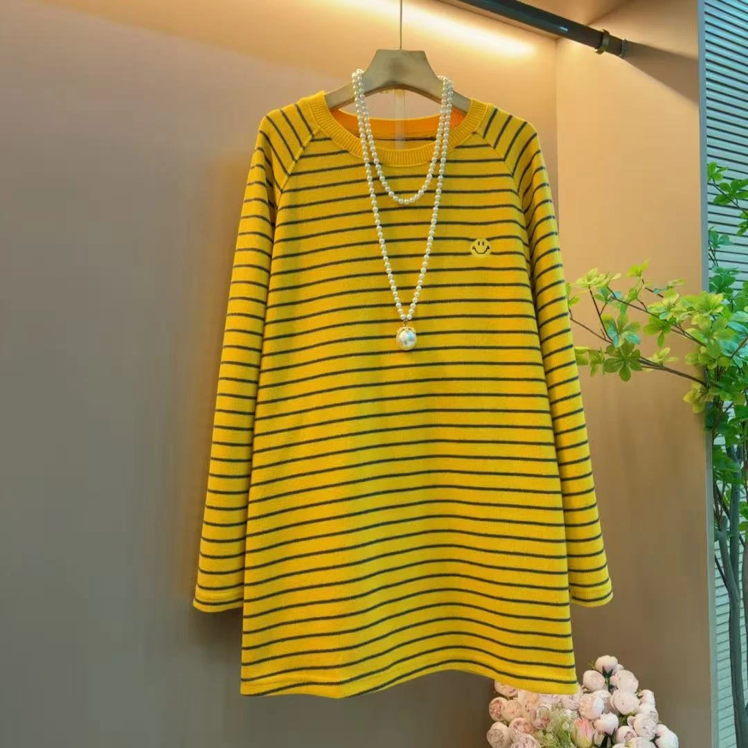 秋冬简约新款百搭条纹圆领拼接显瘦中长款休闲上衣（衣长81左右）