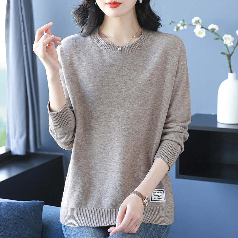 春秋新款宽松休闲大码女装遮肚子圆领薄款羊毛针织打底衫单穿洋气