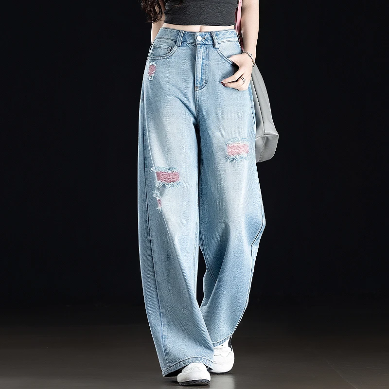 浅蓝色高腰破洞牛仔裤女2025新款夏季薄款阔腿裤宽松小个子冰丝裤