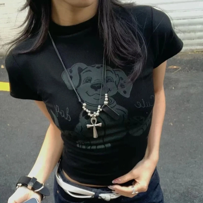 美式复古小狗印花正肩短袖T恤女夏季辣妹机能风小高领y2k短款上衣