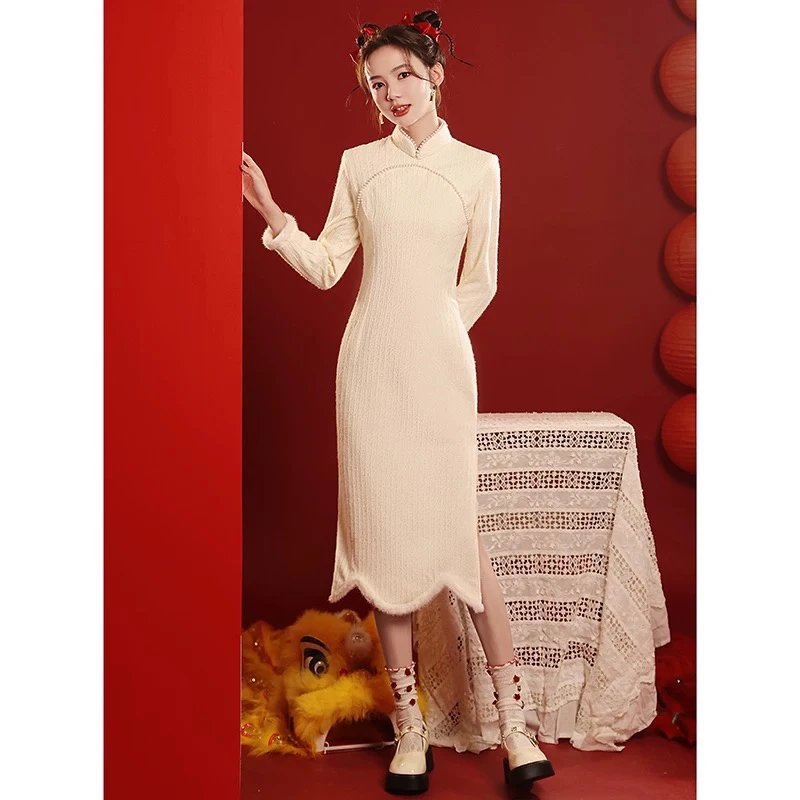 V-2339 唤云 羽毛纱 冬款加绒加厚年轻款改良旗袍115cm长款