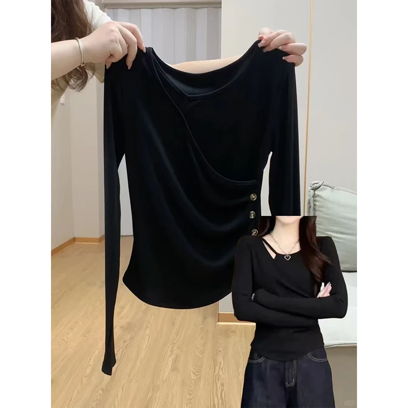 大码胖mm200斤洋气时尚设计感长袖t恤女秋季遮肉显瘦薄款气质上衣