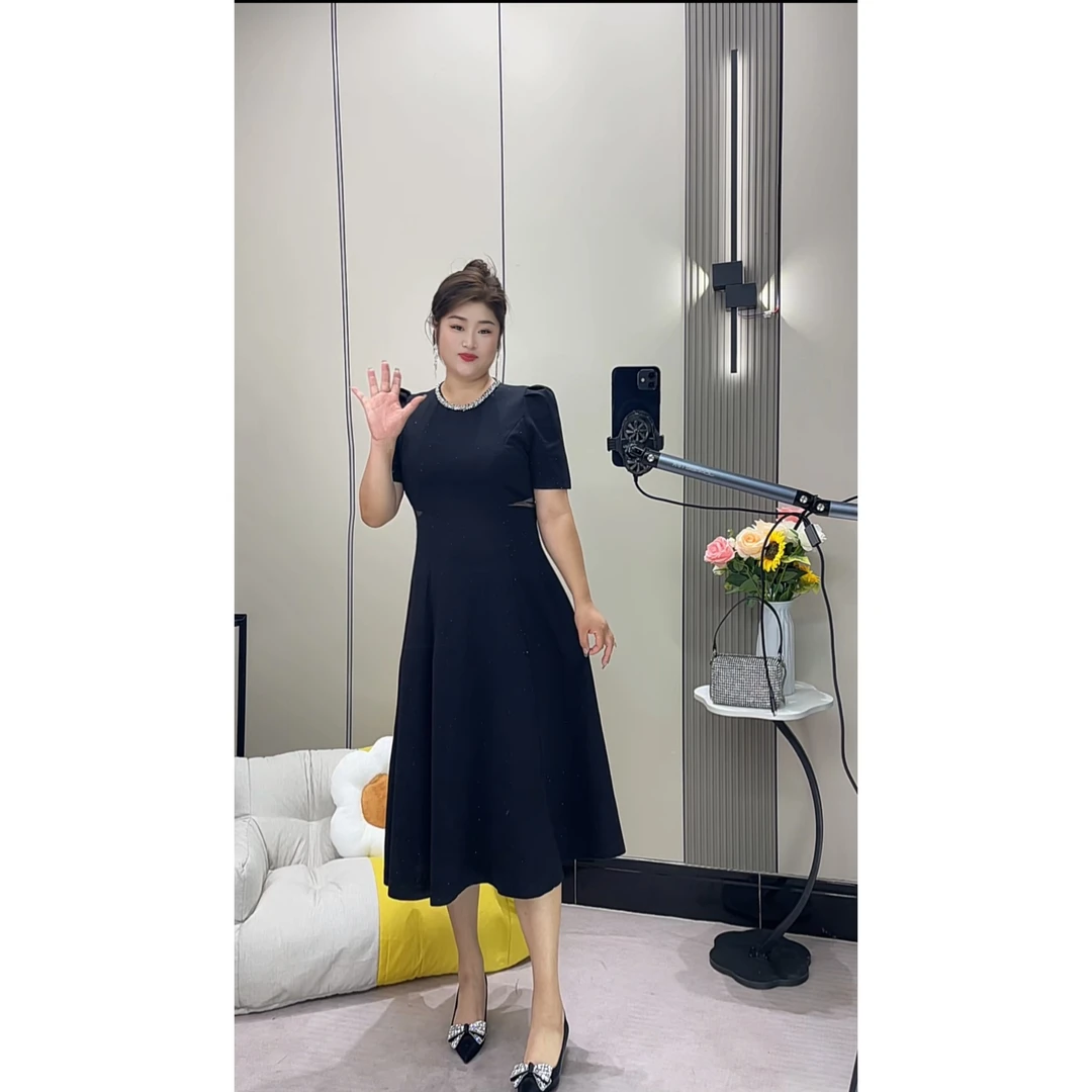 2025法式重工钉珠夏季大码显瘦收腰星空暗系闪黑色修腰长裙