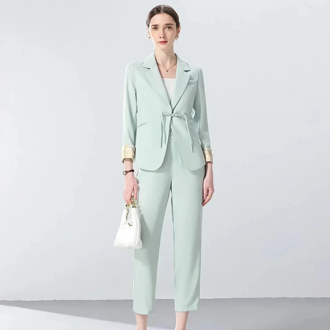 复古花色袖口流苏盘扣改良国风西服时尚套装T927