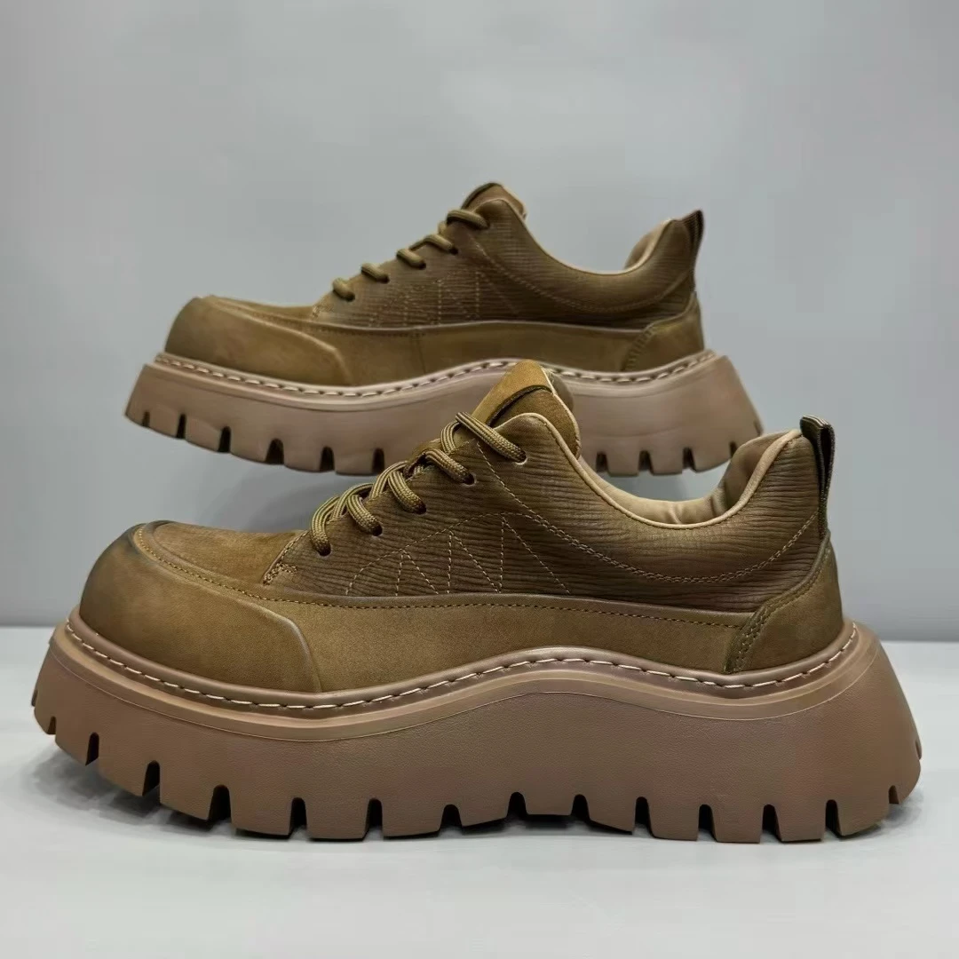 男生轻便欧美风透气潮流圆头真牛皮休闲皮鞋秋季系带增高厚底