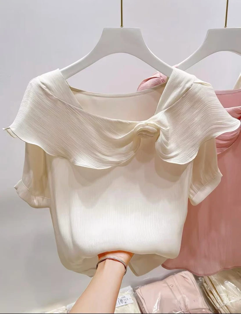 修身显瘦不规则立体花朵纯色套头短袖雪纺衫女夏季