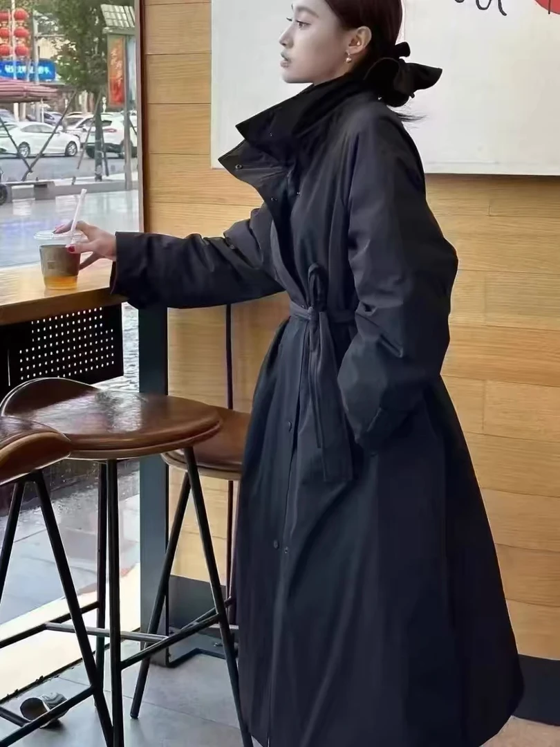 2024冬季中长款收腰系带显示立领中长款上衣