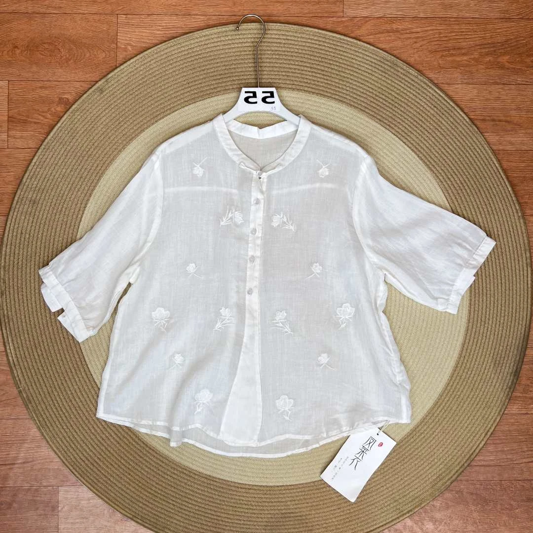 [055拍这里]复古国风刺绣印花苎麻小衫女2025夏新款上衣女休闲风
