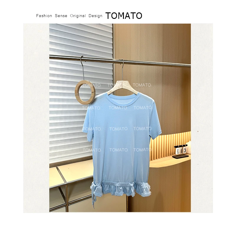 【TomaTo】婉柔 夏季小众韩系设计飘带木耳边圆领短袖t恤C25T051403