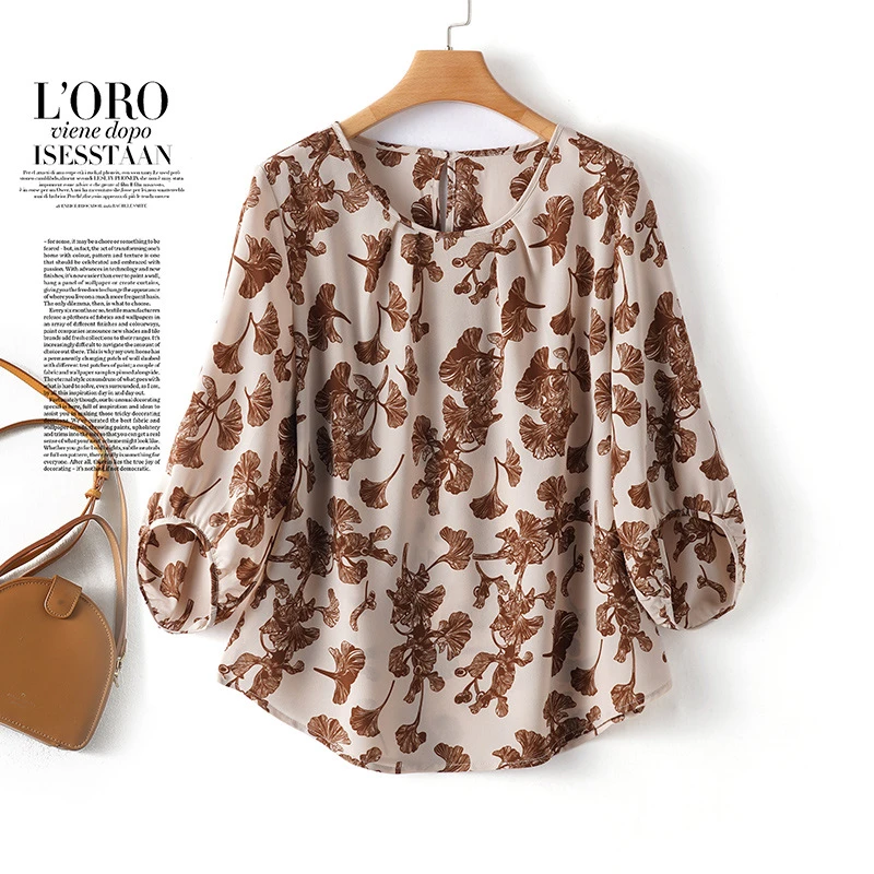 夏季新款中袖真丝上衣女2025印花圆领桑蚕丝T恤小衫宽松透气衬衫