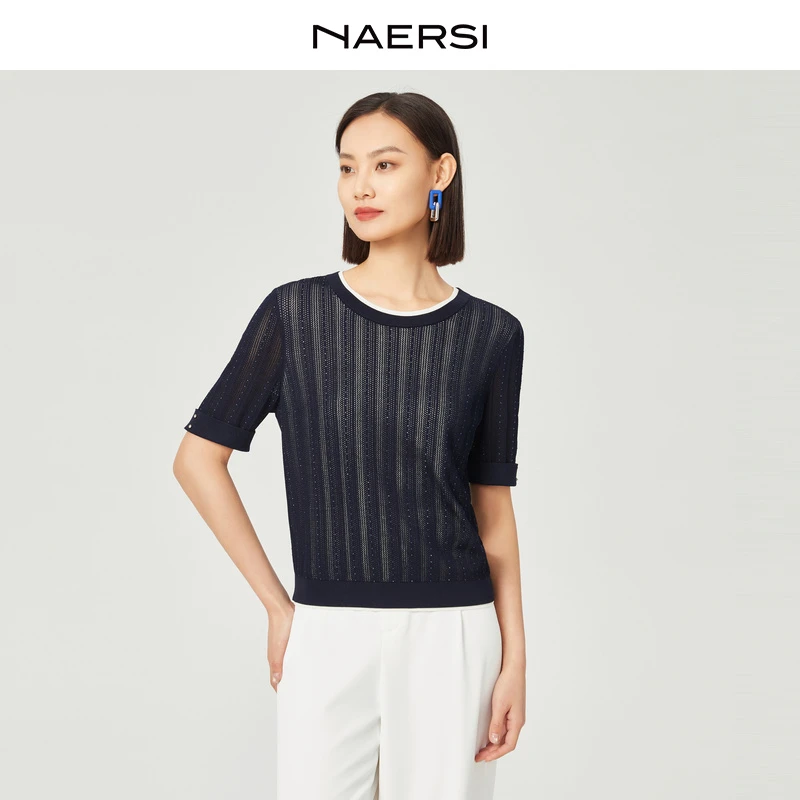 娜尔思时尚百搭夏季圆领拼接提花套头撞色针织衫NZ05273Q7